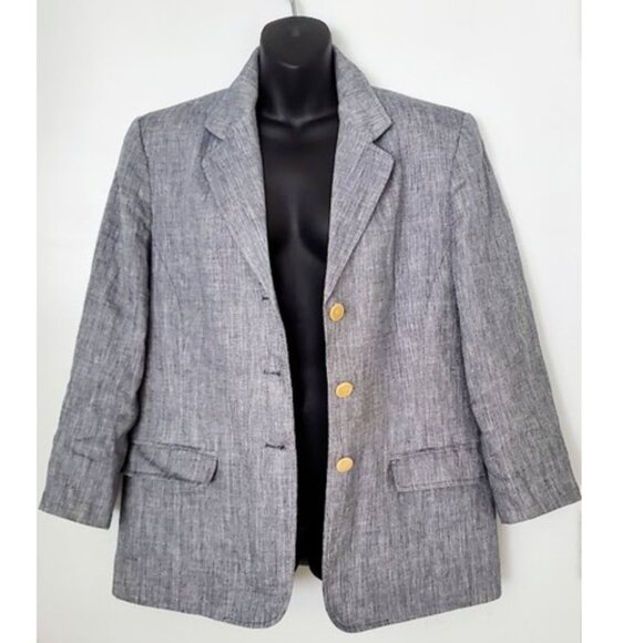 Talbots Irish Linen Blue 3-Button Blazer 3/4 Length Sleeves Pockets Size 14 - Picture 1 of 8